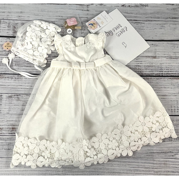 PETITE JR Baby Girl Ivory Dress XS 3-6 mths Bonnet Hair Bow Wedding Dedication 2 - Picture 1 of 14